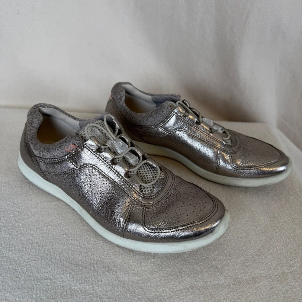 ECCO Soft 7 Metallic Leather‎ Bungee Lace Sneakers Pewter Women 41 US 10-10.5